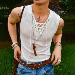 Roman Style Strap V-neck Sexy Slim Sleeveless Vest T-shirt Seaside Vacation Cotton Vest