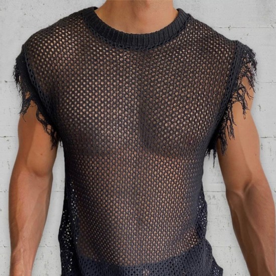 Men's Mesh Knit Fringed Sleeveless Tank Top