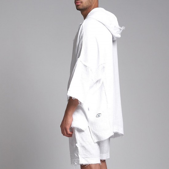 Men's 3/4 Sleeve Linen Hooded Shirt