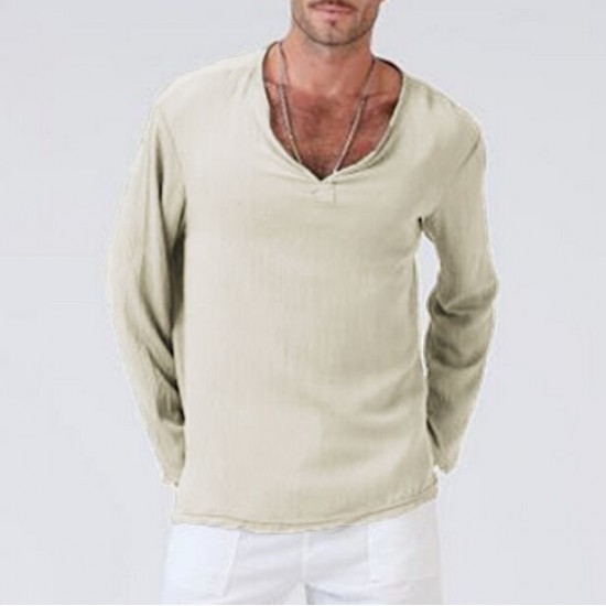 Men's Solid Color V-neck Casual Long-sleeved Cotton And Linen T-shirt