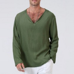 Men's Solid Color V-neck Casual Long-sleeved Cotton And Linen T-shirt