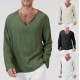 Men's Solid Color V-neck Casual Long-sleeved Cotton And Linen T-shirt