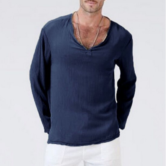 Men's Solid Color V-neck Casual Long-sleeved Cotton And Linen T-shirt