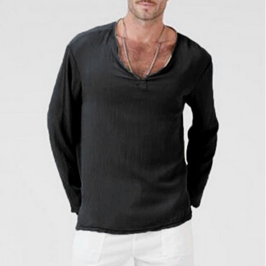 Men's Solid Color V-neck Casual Long-sleeved Cotton And Linen T-shirt