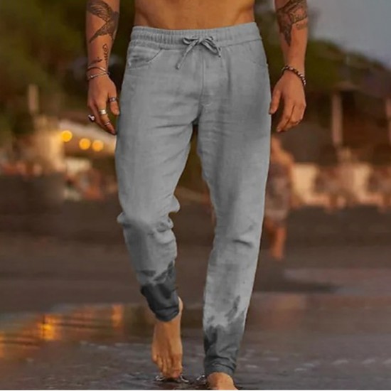 Men's Casual Breathable Elastic Tether Beach Cotton Linen Loose Trousers