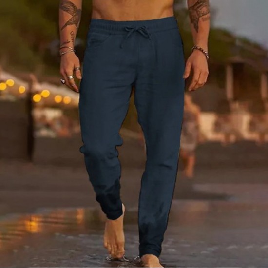 Men's Casual Breathable Elastic Tether Beach Cotton Linen Loose Trousers