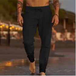 Men's Casual Breathable Elastic Tether Beach Cotton Linen Loose Trousers